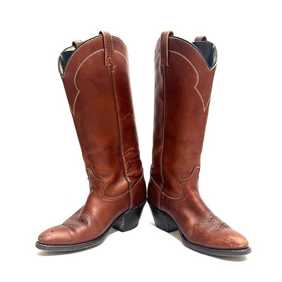 Vintage 1970s men’s brown leather pull on heeled cowboy boots - Picture 5 of 9